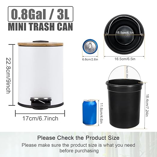Mini Trash Can with Bamboo Lid Soft Close and Foot Pedal 0.8Gal/3L Tiny Round Trash Can with Removable Plastic Inner Wastebasket for Bathroom Bedroom Powder Room Office Desk Car White