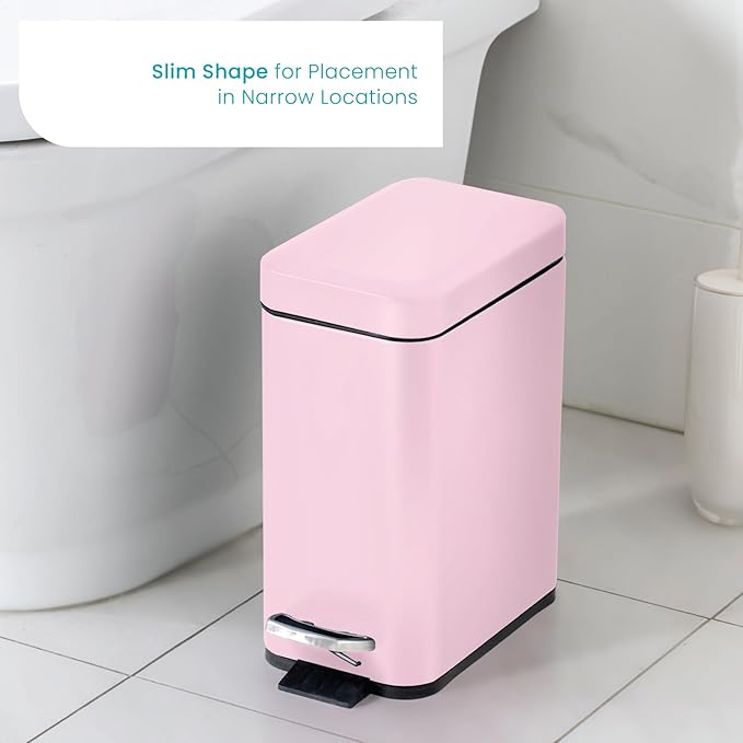 Home Zone Living 1.3 Gallon Small Bathroom Trash Can with Lid and Step Pedal Stainless Steel Wastebasket with Slim Design for Home and Office Matte Pink 5 Liters
