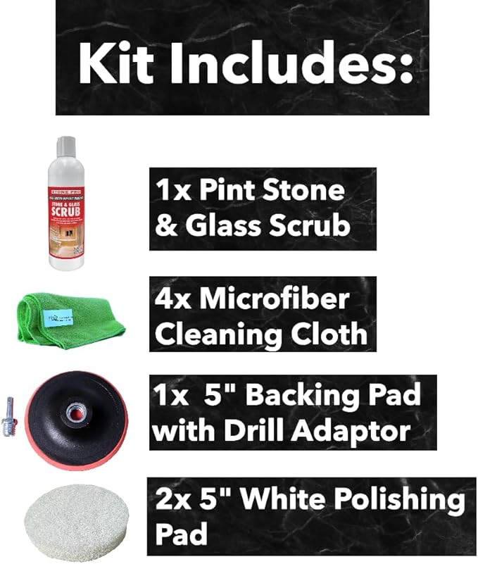 Hard Water Deposit Remover KIT - Scrub Deep Cleans Granite Countertops Travertine Showers Glass Shower Doors (1 Pint Stone Pro Stone &amp Glass -16 Fl Oz 5 white pad &amp Cleaning Cloth)