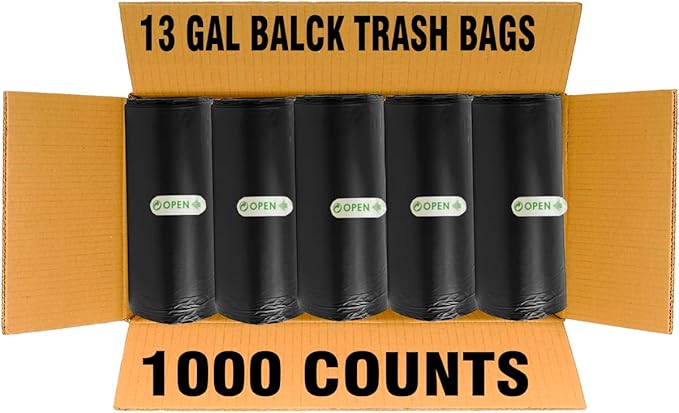 13 Gallon Trash Bags 1000 Count Bulk Value Pack Black Tall Kitchen Garbage bags Multi-purpose Trash Can Bin Liners for Bathroom Office Industrial Commercial Janitorial Municipal Recycling