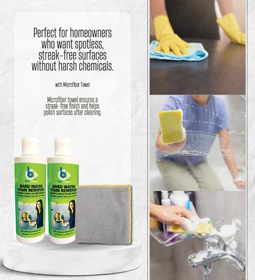 Bio-Clean 10 oz Hard Water Stain Remover 2x Bundle with Microfiber Cleaning Cloth – Removes Water Spots Soap Scum Mineral Deposits &amp More from Glass Metal and Surfaces – Gift Set (3 Items)