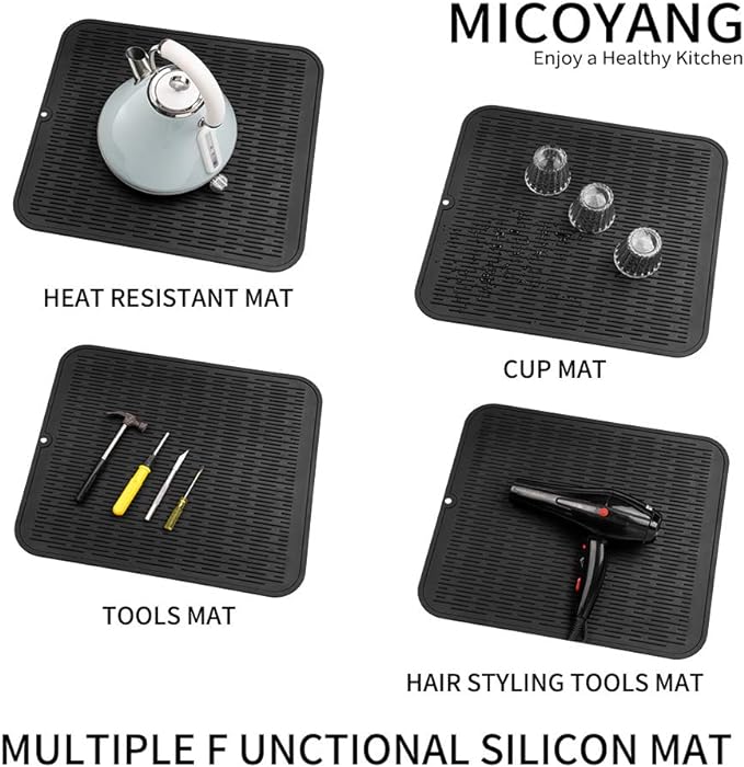 MicoYang Silicone Dish Drying Mat for Multiple UsageEasy cleanEco-friendlyHeat-resistant Silicone Mat for Kitchen Counter or SinkRefrigerator or Drawer Liner Black XL 18 inches x 16 inches