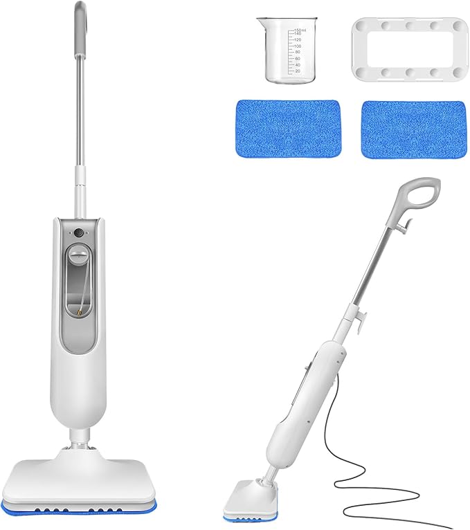 Steam Mop for Floor Cleaning Multi Purpose Handheld Steamer Cleaner for Vinyl Laminate Carpet Tile Hard Floor Grout w/ 2 Pad 16ft Cord 13.5Oz Tank Adjustable Steam Modes White