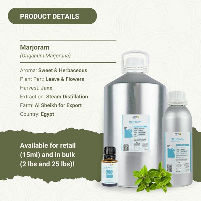 Marjoram Essential Oil - Direct from Al Sheikh for Export Egypt - Steam Distilled - Aceite de Mejorana for Aromatherapy Massage Diffuser DIY Candle and Soap Making - 2lbs