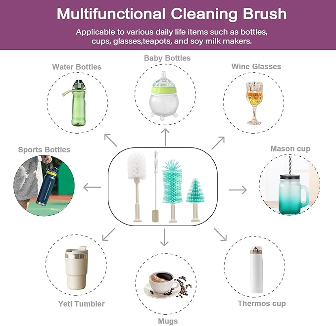 5 in 1 Electric Bottle Brush Cleaner Compatible Stanley Bottle Brush Straw Cleaner Multifunction Rechargeable IPX6 Waterproof Extra Long Design for Stanley Cup Sports Bottle and More (Beige)