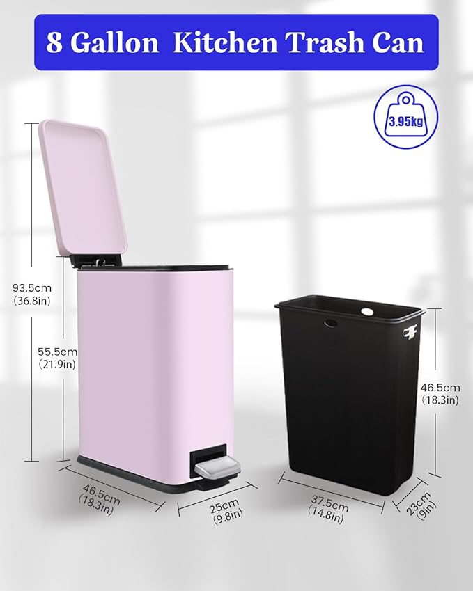 8 Gallon Step Trash Can with Soft Close Lid 30L Stainless Steel Garbage Can Fingerprint Resistant with Removal Inner Bucket Pink Trash Can for Home Kitchen Laundry Room Office Bathroom