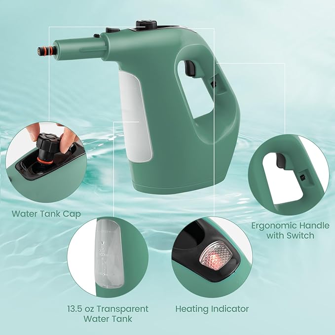 Goplus Multipurpose Handheld Steam Cleaner Pressurized Steam Cleaner w/ 17 Pieces Accessory Set 350ml Portable All Natural Chemical-Free Steamer for Home Sofa Upholstery Floor Window Kitchen (Green)