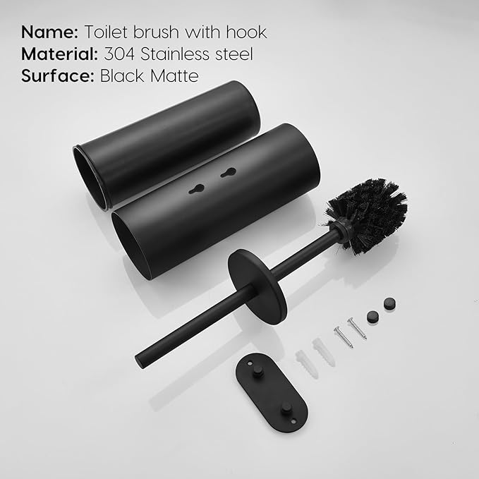 Toilet Bowl Brush and Holder 304 Stainless Steel No-Punch Hook Base Dual Purpose Toilet Brush Holder with Removable Inner Bucket and Splash Cover - Soft Bristles (Black)
