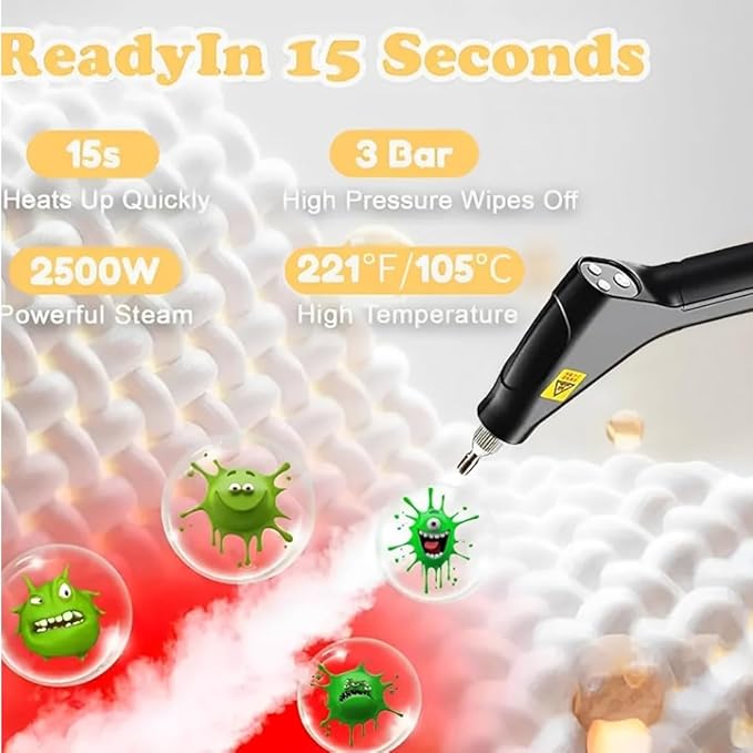 Handheld Steam Cleaner Portable Handheld Steamer for Cleaning with 1.2L Water Tank Touch Screen 6 Levels Adjustable 105℃/221℉ for Tile Window Kitchen Car