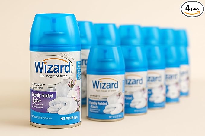 Wizard Automatic Spray Refill – Freshly Folded Linen 5 oz (12 Pack) | Compatible with Air Wick Freshmatic &amp Glade Dispensers | Long Lasting Odor Neutralizer for Home &amp Office