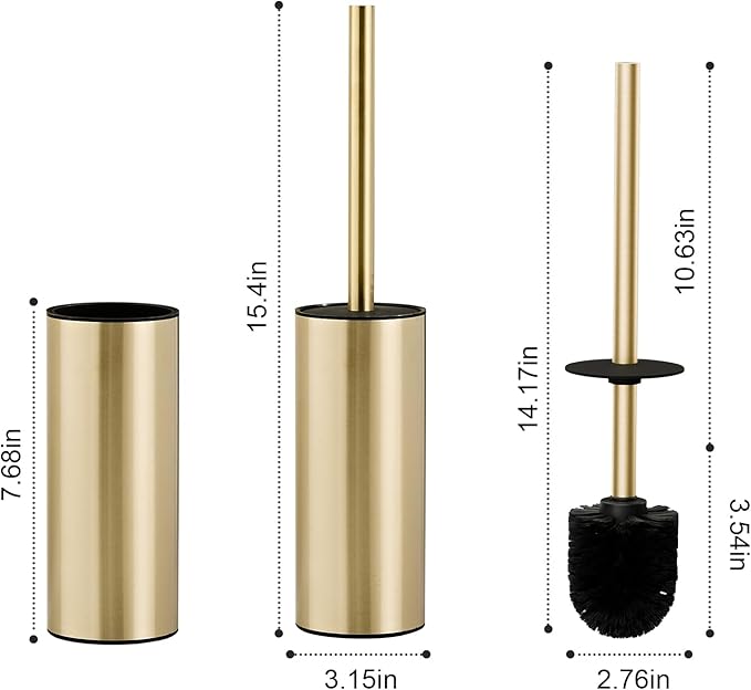 304 Stainless Steel Toilet Bowl Brush and Holder Set Circular Floor Toilet Brush Holder Long Handle Bathroom Heavy-Duty Cleaner High-End Cylinder Wall2 Brush Head (Brushed Gold) YIGUANXIN