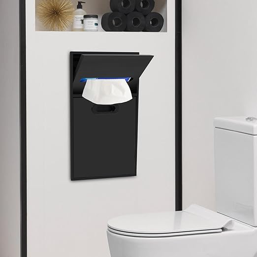 Recessed in-Wall Bathroom Trash Can with Toilet Paper Holder 6L/1.59Gal 304 Stainless Steel Hidden Garbage Can Wall Mounted Waste Bin for Toilet Bathroom Laundry Room (Black)