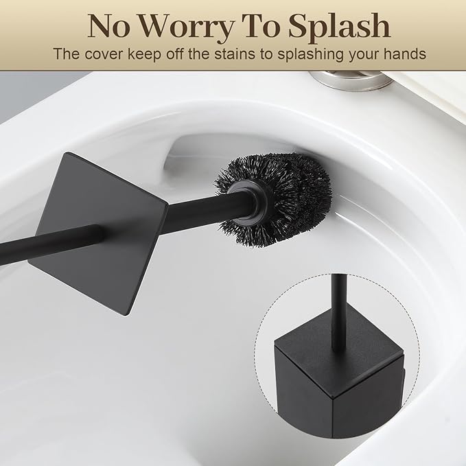 Toilet Brush and Holder Wall Mounted Black Aluminum with 2 Replaceable Heads Bathroom Toilet Brush Drill or 3M Adhesive Mount Removable Liner and Splash Guard Modern Square Design