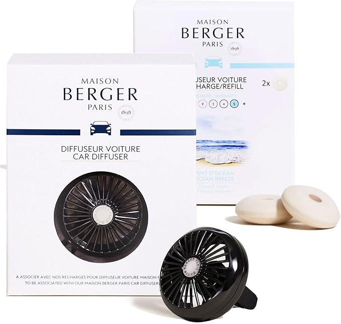MAISON BERGER Luxury Car Air Freshener Bundle – Gun Metal Finish Vent Clip Diffuser + 2 Ocean Breeze Ceramic Pods (4-6 Week Scent) French-Made Refillable System Adjustable Fragrance