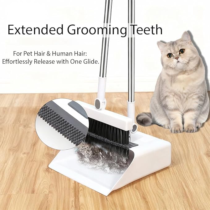 Upgrade Broom with Dustpan Combo SetLong Handle Self-Cleaning Dust Pan and Brush Set 4-Row Dense BristlesIndoor Broom Set (White)