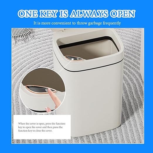 3.7 Gallon Auto-Open Trash Can Touchless Motion Sensor Garbage Bin with Lid 3 Modes Slim Waterproof Plastic Wastebasket for Bathroom Kitchen Office – Creamy White