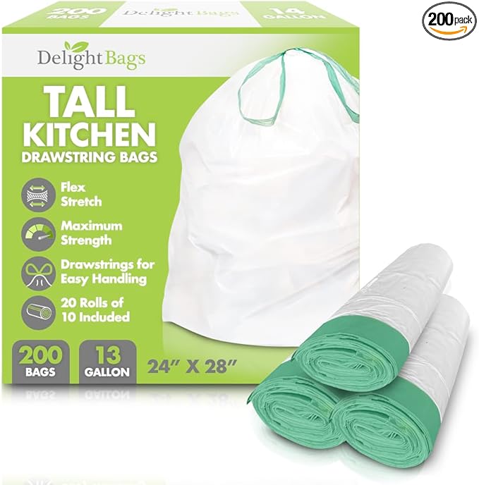 Tall Kitchen (200 count) 13 Gallon Drawstring Trash Bags White Kitchen Bags 0.9 Mil Thickness Tall Kitchen Garbage Bags13 Gallon