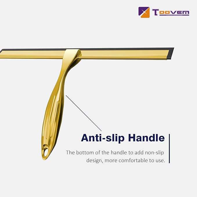 TOOVEM 12 Inch Shower Squeegee for Glass Doors Window Bathroom Car Windshield Shower Cleaning Tools with S Hook Square Sticky Hook（Gold）