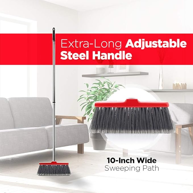 Fuller Brush Adjustable Kitchen Broom – 10 Wide Broom Head with Split-End Bristles and Steel Handle (29–52) for Sweeping Fine Dust and Crumbs – Red (Fiesta Broom Complete)