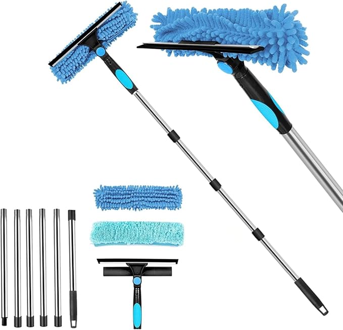 Double-Sided Window Cleaning Tool for Glass Surfaces High-Rise Reach Scraper with Stainless Steel Blade Ergonomic Handle for Easy Use 41 x 14 x 6 cm Silver and Blue(B)
