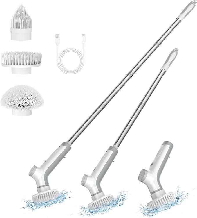 VEWIOR Electric Spin Scrubber Cordless Cleaning Brush with 3 Adjustable Angle 2 Speeds 3 Replaceable Brush Heads for Floor Bathroom Tub Tile Kitchen Window