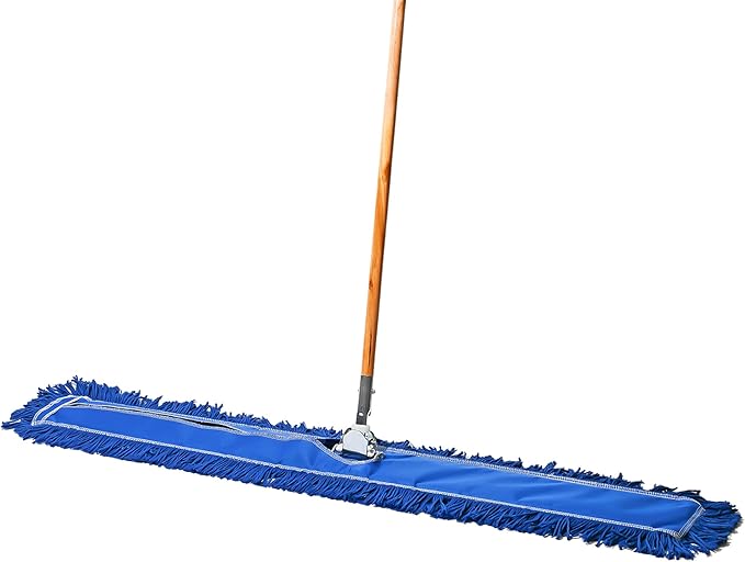 Commercial Floor Sweeper 48 in. Reusable Mop Head Wooden Handle Industrial Dry Mop for Hardwood Floors Blue