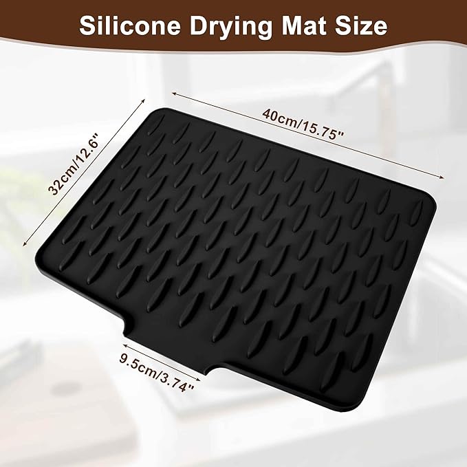 Dish Drainer Mat Silicone Drying Mat for Kitchen Counter Fast Drying Matt for Dishes Heat Resistant Non-Slip 15.75x12.6 Inch Black