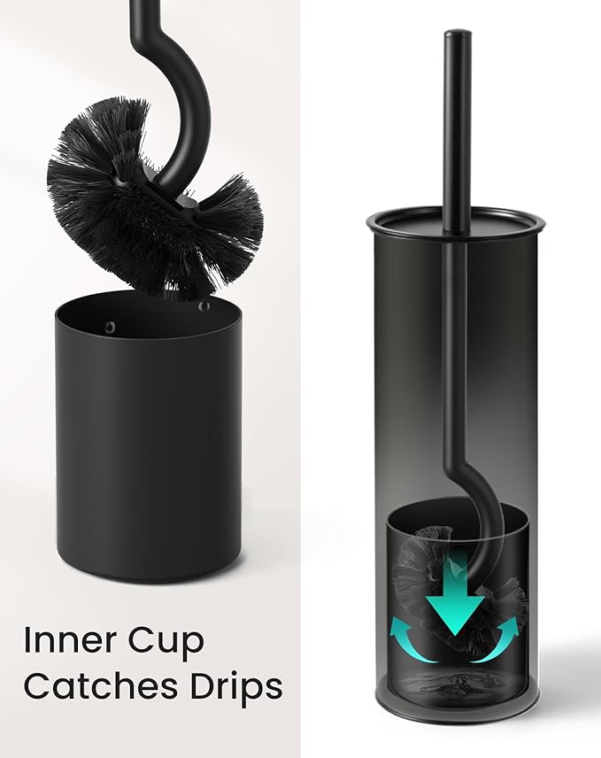 Cesun Toilet Brush and Holder Set - Curved Design Toilet Brush for Deep Cleaning Under Rim 304 Stainless Steel Toilet Bowl Brush and Holder for Bathroom Rv Black(2 Replaceable Brush Head Included)