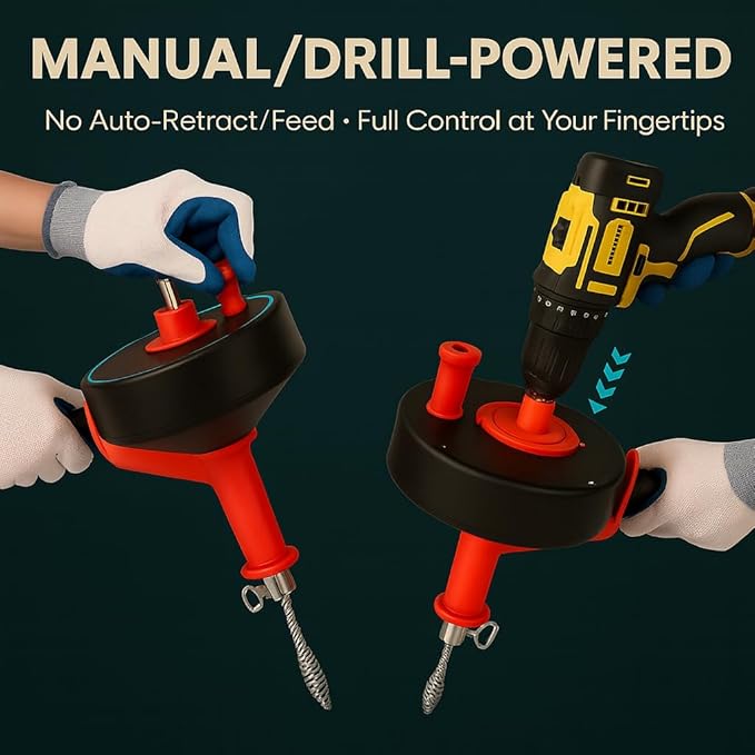 50 FT Drain Snake Hair Drain Clog Remover Manual Or Powered Plumbing Snake With Drill AdapteUnclog Sink Drain Tool Drain Auger for Toilet、Shower、Kitchen、Sink No Auto Retract Or Feed Red