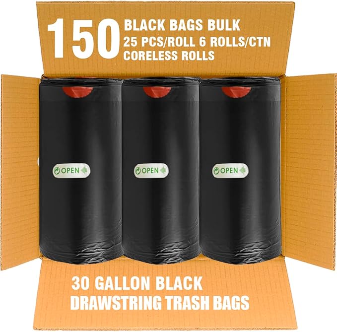 30 Gallon Trash Bags Drawstring 150 Count Bulk Black | Unscented | Heavy Duty Multi-purpose Garbage Bags Can Liners for Business Home Kitchen Commercial and Industrial
