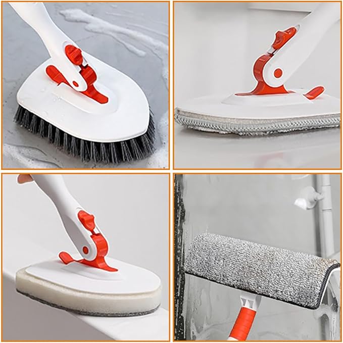 Shower Floor Scrub Brush Set with Extendable 3-Section Handle Hard Bristle Floor Scrubber Fiber Cloth with Base and Cleaning Pad for Bathroom Tile and Grout Cleaning