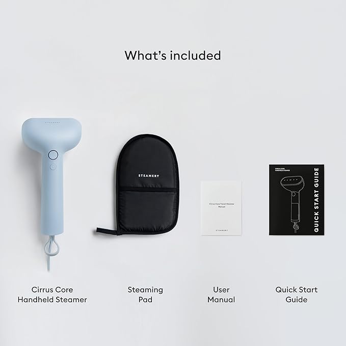 Steamery Handheld Clothes Steamer Cirrus Core 1350W Steam Output 0.74 oz/min Heat up in 15 Seconds Dry Steam Technology Hanging Loop Visible Water Tank Portable Scandinavian Design (Blue)