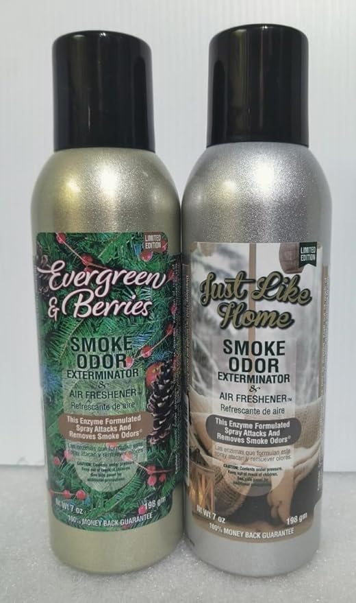 Smoke Odor Exterminator 198 gm/ 7 oz Large Spray Evergreen &amp Berries Set of Two Cans. Assortment (2) Includes Evergreen &amp Berries and Just Like Home.