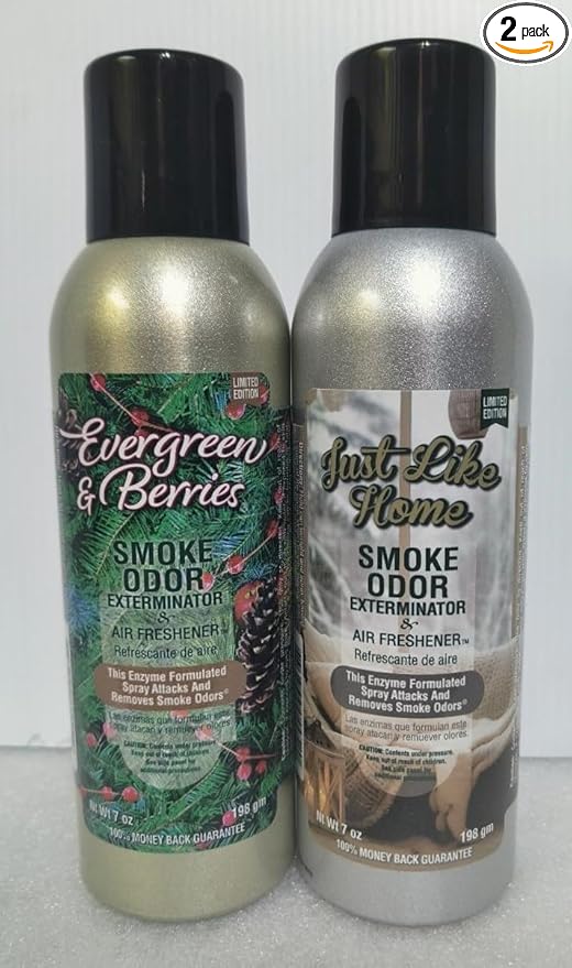 Smoke Odor Exterminator 198 gm/ 7 oz Large Spray Evergreen &amp Berries Set of Two Cans. Assortment (2) Includes Evergreen &amp Berries and Just Like Home.