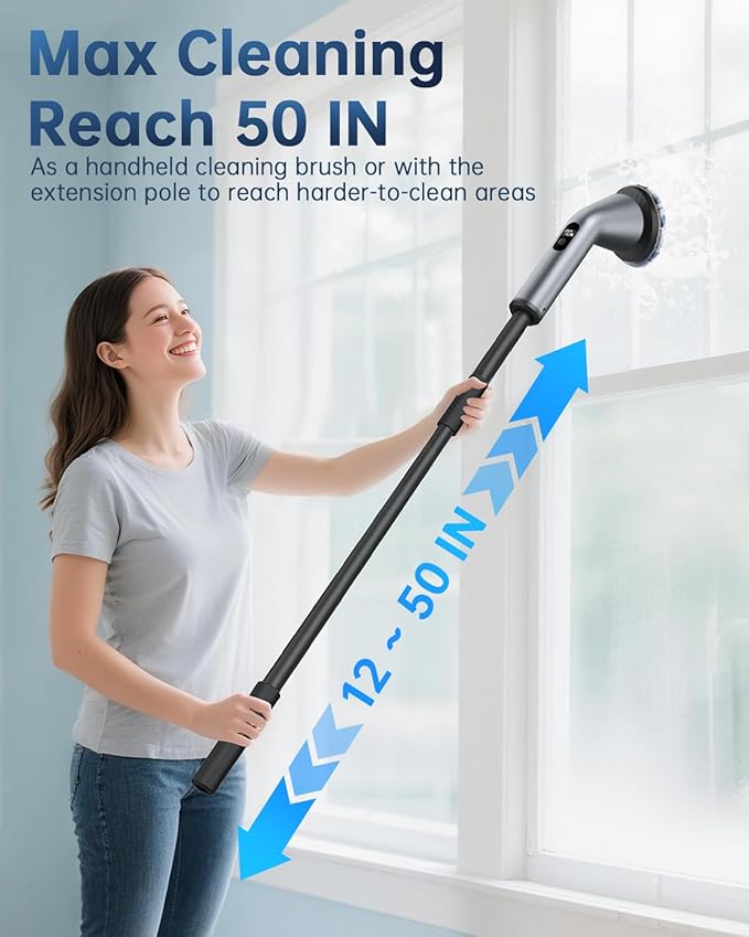 VICNOVA Electric Spin Scrubber IPX7 Waterproof 2-Speed Extendable Long Handle Cordless Cleaning Brush with 7 Replacement Brush Heads for Bathroom Shower Bathtub Glass Tub Tile Floor Car