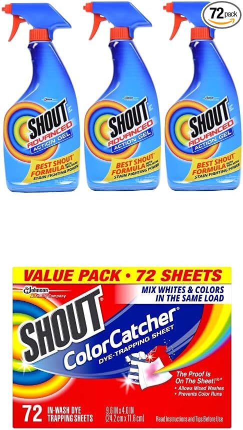 Shout Advanced Spray and Wash Laundry Stain Remover Gel Best Shout Formula with Color Catcher Sheets for Laundry Maintains Clothes Original Colors 72 Count