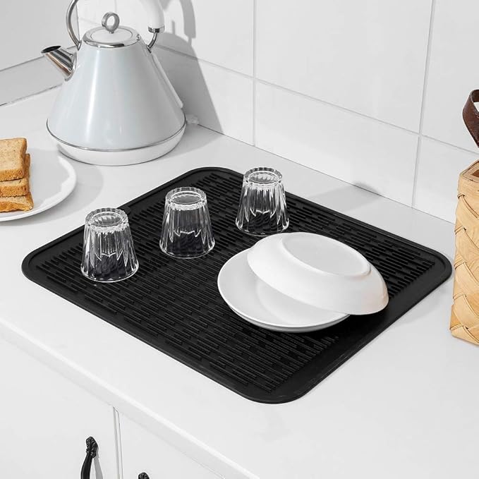 MicoYang Silicone Dish Drying Mat for Multiple UsageEasy cleanEco-friendlyHeat-resistant Silicone Mat for Kitchen Counter or SinkRefrigerator or Drawer Liner Black XL 18 inches x 16 inches