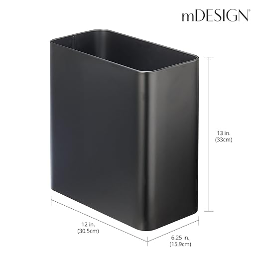 mDesign Decorative Trash Can 12 x 6.25 x 13 Black Steel 10 Liter/2.6 Gallon Capacity