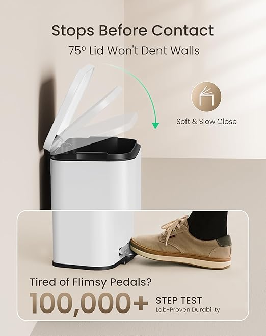 Cesun Small Bathroom Trash Can with Lid-1.3 Gal Outdoor Stainless Steel Garbage Can for Dog Poop with Anti-Slip Base for Bathroom Bedroom Office RV Living Room White