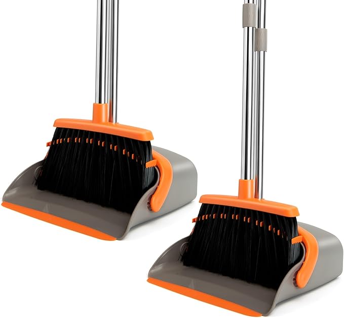 2-Pack Broom and Dustpan Set with Long Handle Heavy Dust Broom and Dustpan Combo for HomeKitchen Office Pet Hair(Gray Orange)