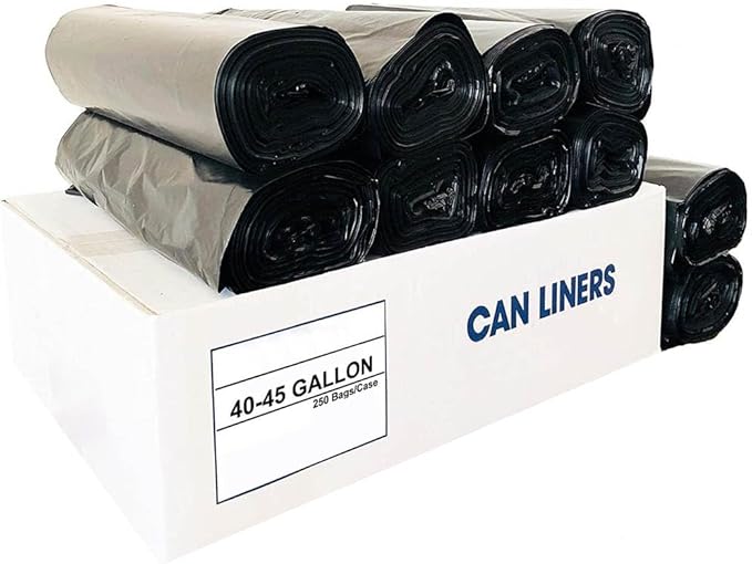 High Density 40-45 Gallon Trash Can Liner 12 Micron Black 250 Bags per Case