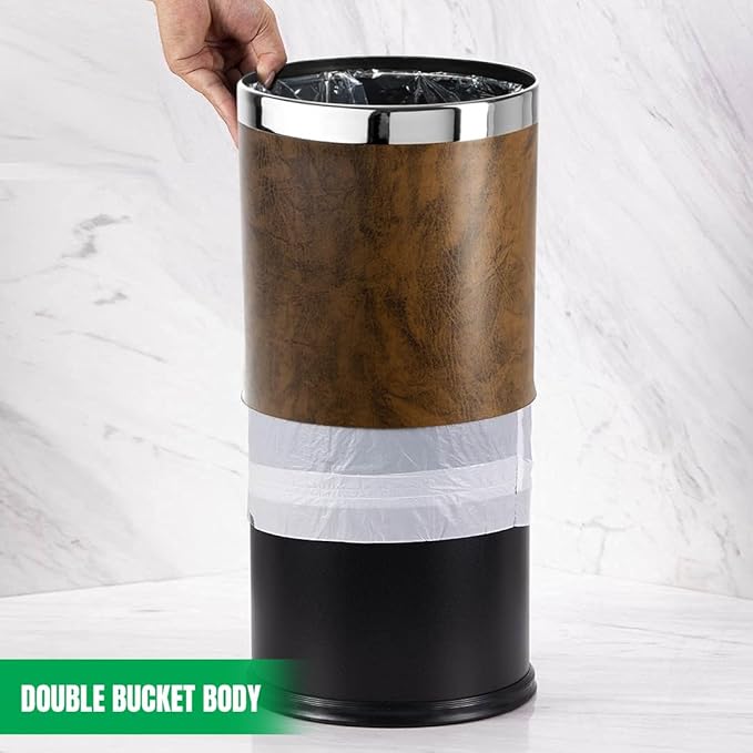 'Invisi-Overlap' Open top Leatherette Trash Can Small Office Wastebasket Modern Home Décor Round Shape (Brown)