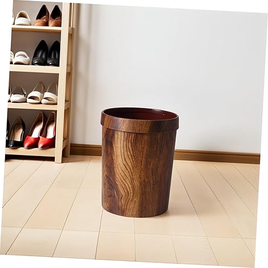 Vintage Woodgraining Container Plastic Trash Can with Pressure Ring for Living Bedroom Classic Solid Wood Pattern Bin Material Waste Basket