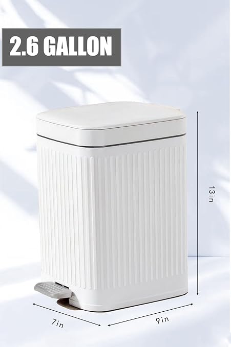 Feisco Small Trash Can with LidSmall Bathroom Trash Can with Foot Pedal and Press Type LidSlim Step-On Trash Bin Wastebasket Garbage Can for KitchenBathroom Office Bedroom (White 2.6 Gallon)