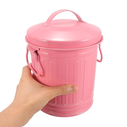 Metal Trash Can with Lid Small Desktop Garbage Bin Retro Pink Iron Table Wastebasket for Office and Bedroom Organization