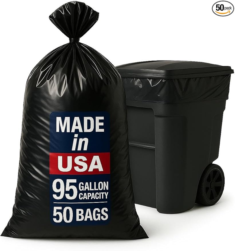 95-96 Gallon Extra-Large Black Garbage Can Liners Heavy-Duty Trash Bags 50 Bags 1.5 Mil Thick Ideal for Commercial &amp Home Use