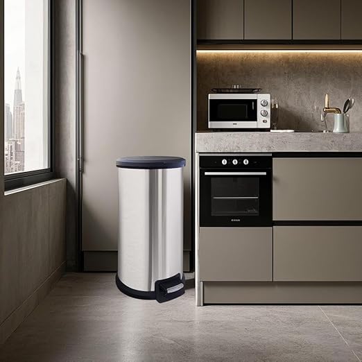10 Gallon Trash Can with Lid Tall Round Stainless Steel Kitchen Garbage Can with Plastic Lid Liner Free Step-on Pedal Hand Free Trash Can 40 Liter Capacity Silver
