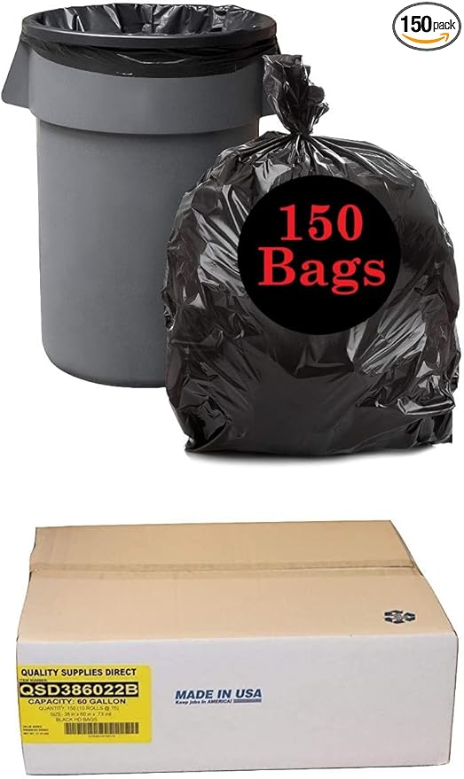 Trash Bags Black 55-60 gallon - (150 Count) True 22 Micron Heavy Duty Black Liners | Bulk Package | Black Multi-Use Garbage Bags | Made in USA | $ Savings $
