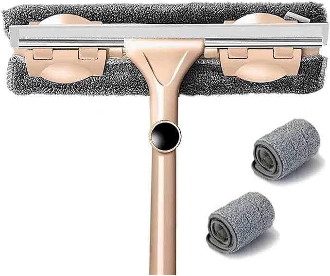 Glass Cleaning Mop Telescopic Rod Window Tools Windows Wiper Long Handle Washing Brush Cleaner Products For Home(Khaki 1 mop 3 cloth)