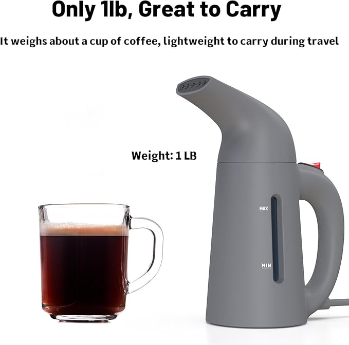Steamer for Clothes Handheld Garment Steamer Portable Clothes Steamer Remove Wrinkle 180ml Water Tank 12 minutes Continuous Steam 2.3 meter Cord Ideal for ALL Fabrics One button Design (Gray)